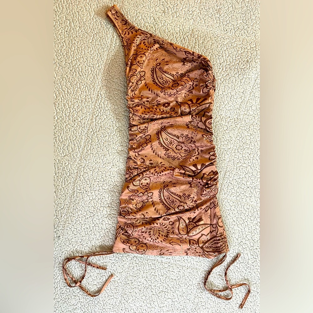 Shein sz XS brown/tan Paisley Print Ruched sexy one shoulder dress summer